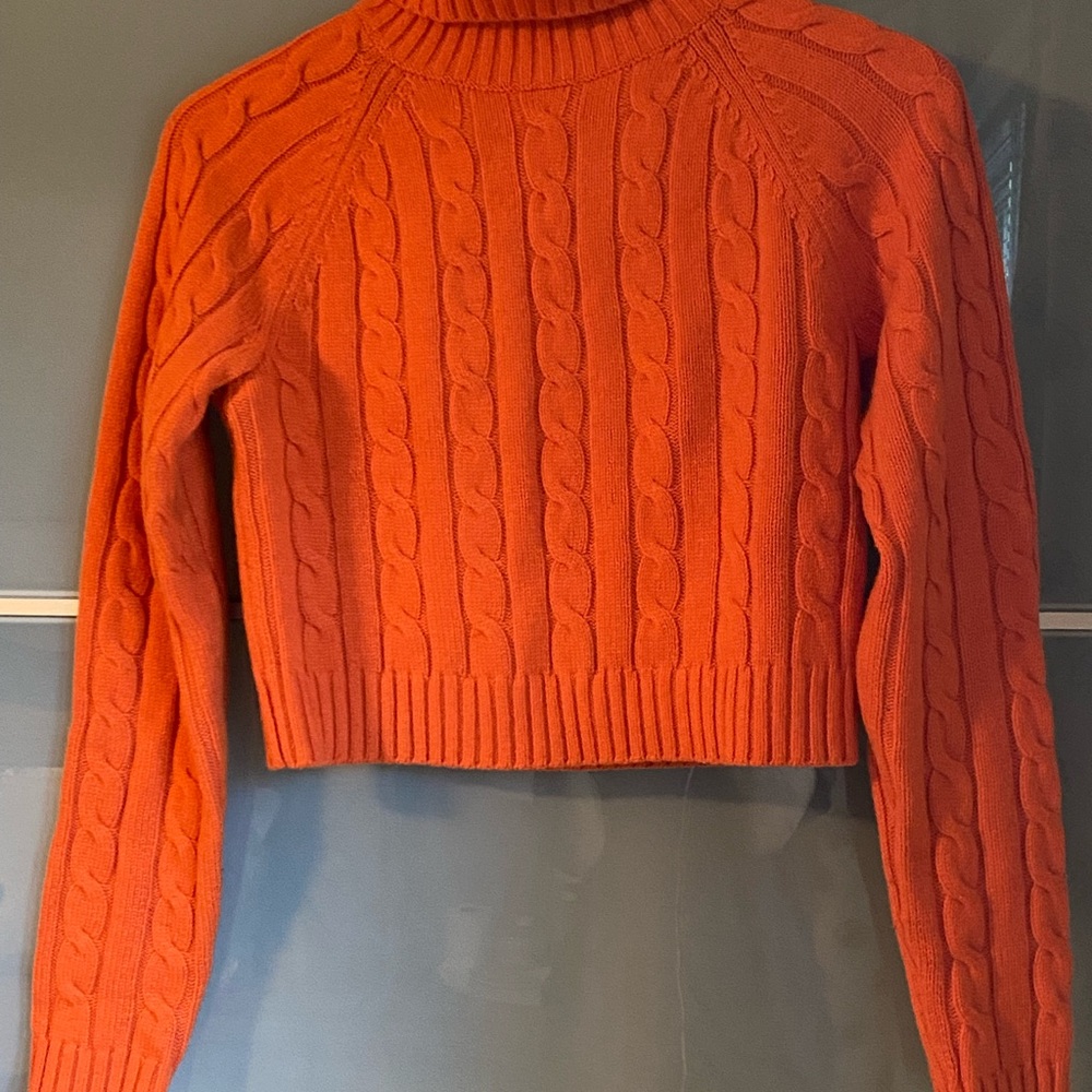 Aritzia Cropped Orange Cable Knit Turtleneck Sweater